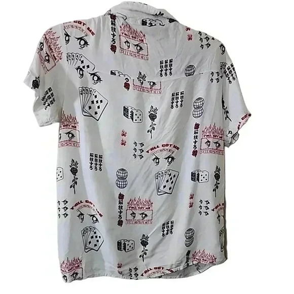 VITRIOL Caedia Allover Anime Print White Short Sleeve Button Up Shirt. Size Medi - Picture 3 of 7